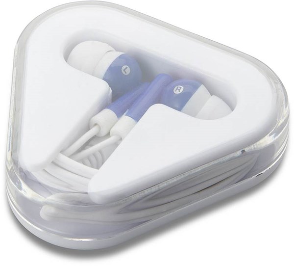 Obrázky: Modrobílá sluchátka z PVC v trojúhelníkovém balení