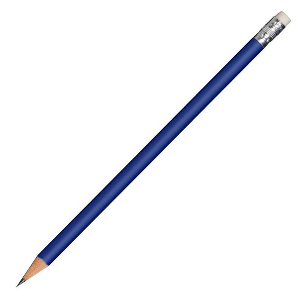 Obrázky: Tm. modrá dřevěná, ořezaná metalická tužka s gumou