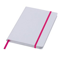 Obrázky: Bílý zápisník A5 s růžovou gumičkou, nelinkovaný