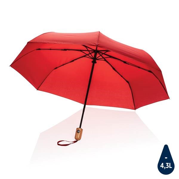 Obrázky: Červený deštník rPET, zcela automatický, bambus. rukojeť