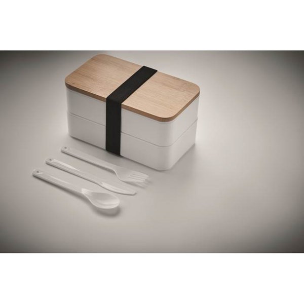 Obrázky: Dvoupatrový obědový box s bambusovým víkem, bílý, Obrázek 4