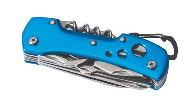 Obrázky: Modrý kovový kapesní nůž s 12 funkcemi a karabinou, Obrázek 1