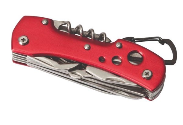 Obrázky: Červený kov. kapesní nůž s 12 funkcemi a karabinou
