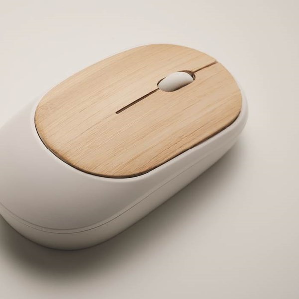 Obrázky: Bílá bezdrátová myš z ABS s bambus. povrchem, Obrázek 4