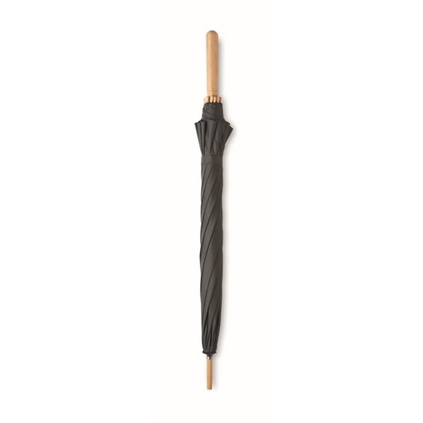 Obrázky: Černý větru odolný RPET deštník s bambus. rukojetí, Obrázek 2