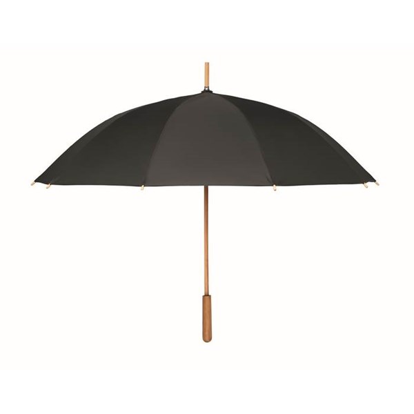 Obrázky: Černý větru odolný RPET deštník s bambus. rukojetí, Obrázek 3