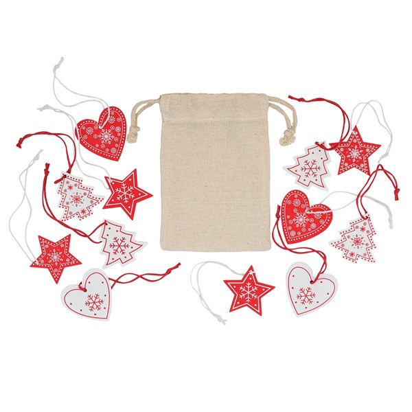 Obrázky: Sada 12ti dřevěných vánočních ozdob v bavl. sáčku